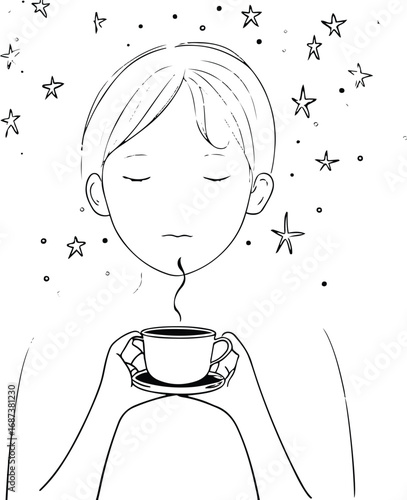 Minimal black and white line drawing of a person holding a coffee cup with stars rising instead of steam, surreal doodle vector 1