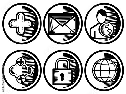 Collection of six circular icons representing communication security and global connectivity in a hand drawn style
