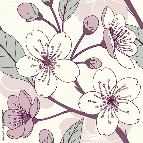 Delicate cherry blossom branches with buds and leaves in a seamless pattern