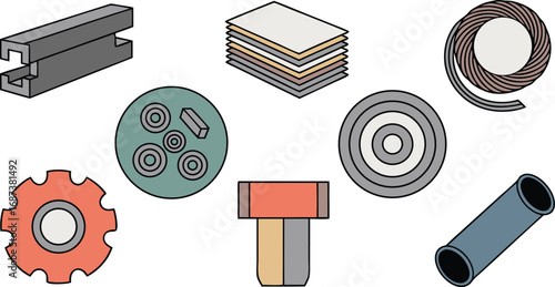 Isometric Industrial Parts Steel Channel, Laminate Sheets, Coiled Wire, Bearings, Gear, Bolt, Tube
