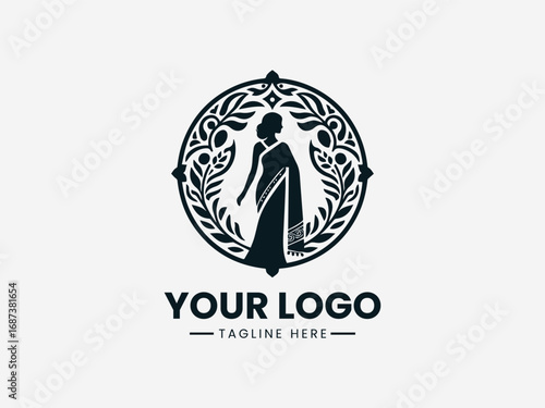Elegant woman in saree silhouette with ornamental floral circular frame illustration