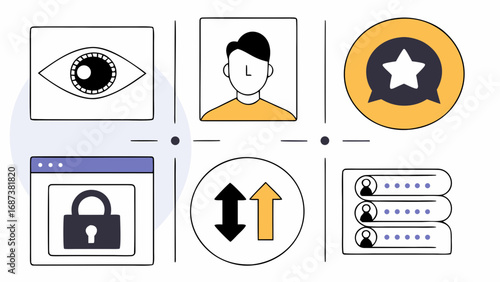 Digital security and user interaction icons representing data privacy user profiles feedback and access control
