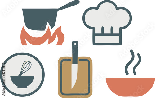Kitchen Cooking Art Featuring a Pot on Fire, Chef Hat, and Cooking Utensils