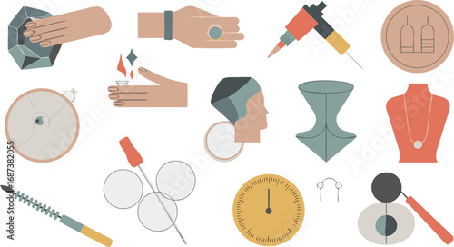Jewelry Design Elements Gemstones, Rings, Tools, Clock, Mannequin, and More in a Flat Style