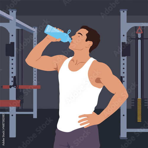 Muscular man drinking water after workout in the gym for refreshment