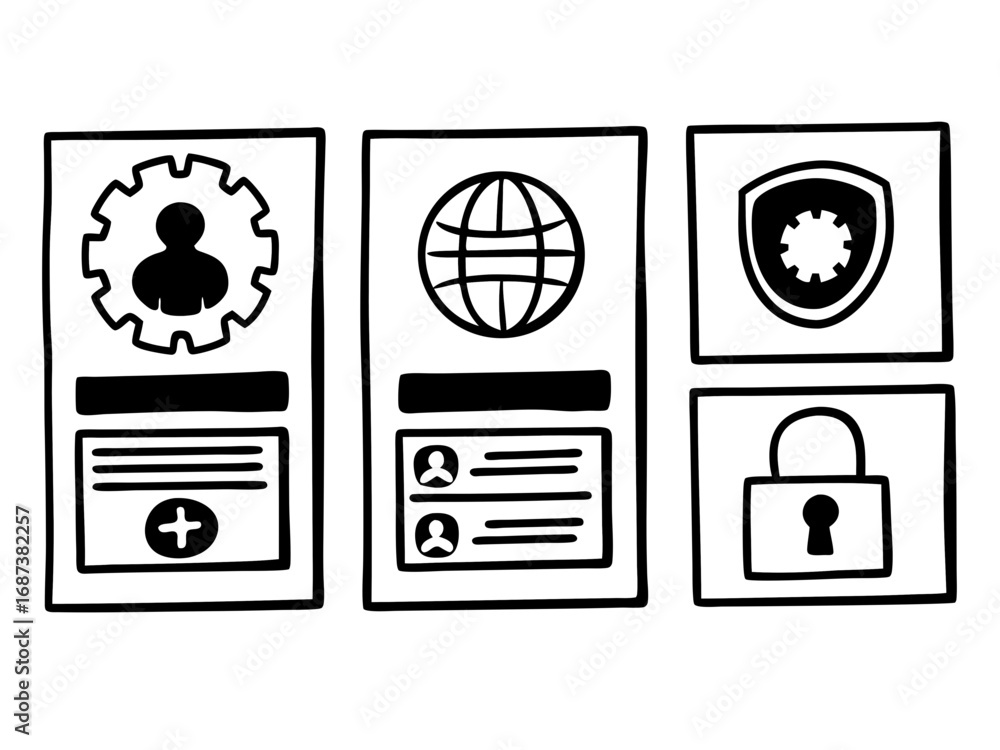 Fototapeta premium Hand drawn icons representing user profile global connection security and privacy concepts
