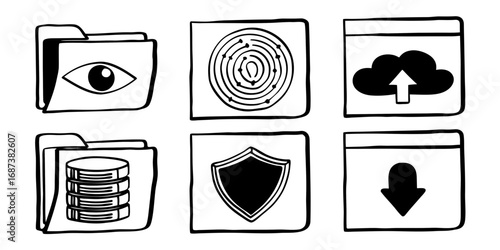 Set of hand drawn icons representing data security cloud storage and file management concepts