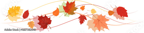 Autumn leaf border. Wave of falling leaves. Leaf fall . Autumn flying leaves . Watercolor leaves in the wind. Autumn leaves seamless border .	