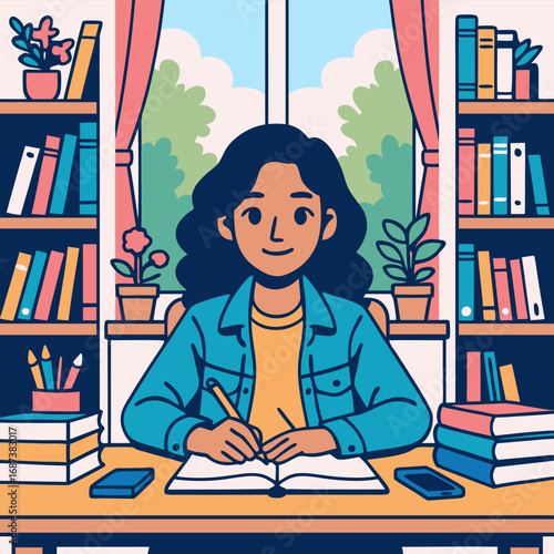 Young woman writing notes in bright library study space focused learning education concept academic planning productivity journaling research reading books motivation and success theme