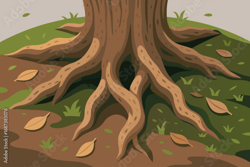 Tree roots on forest floor with green grass and earthy brown soil natural woodland background for nature themes eco concepts meditation calm serenity and outdoor adventure scenes