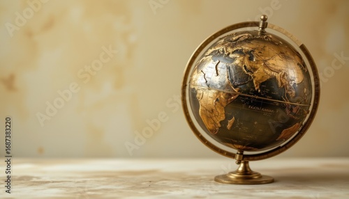 create a photo of a connected bronze earth glob in an artistic position, the globe should be positioned on the left side of the image