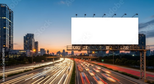 Blank billboard on a busy highway at dusk with car light trails and city skyline in the background