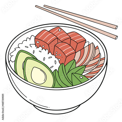 A fresh and nutritious poke bowl with raw salmon, creamy avocado, and rice, depicted in a clean line art style with chopsticks