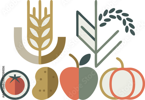 Minimalist Crop Iconography Wheat, Rice, Tomato, Potato, Apple, and Pumpkin Illustrations on White Background
