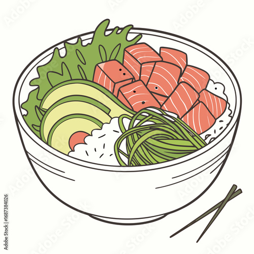 Hand-drawn vector illustration of a traditional Hawaiian poke bowl with fresh salmon, rice, avocado, and greens. A concept of healthy and delicious seafood cuisine