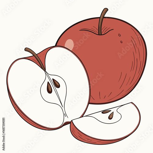 Illustration of a whole red apple, a sliced apple, and a wedge of apple, presented on a plain background