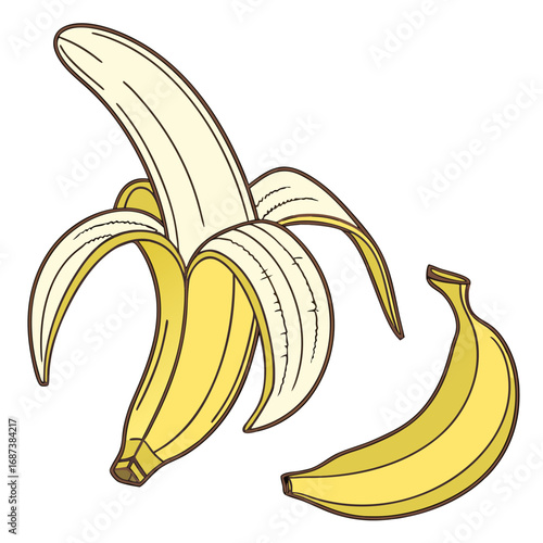 Hand-drawn illustration of a ripe yellow banana, one peeled and one whole, isolated on a white background. Concept of healthy eating, fresh fruit, and nutrition