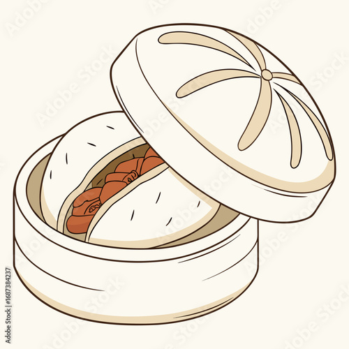 Vector illustration of a freshly steamed bao bun with savory pork filling, presented in an open bamboo basket, representing traditional Asian culinary culture
