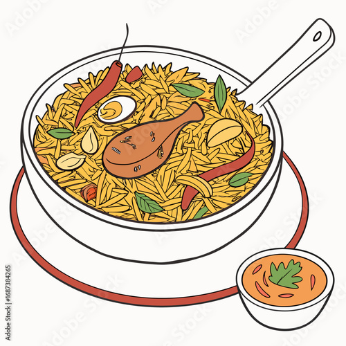 Delicious and spicy Chicken Biryani rice dish with egg and gravy, an iconic culinary meal from South Asia