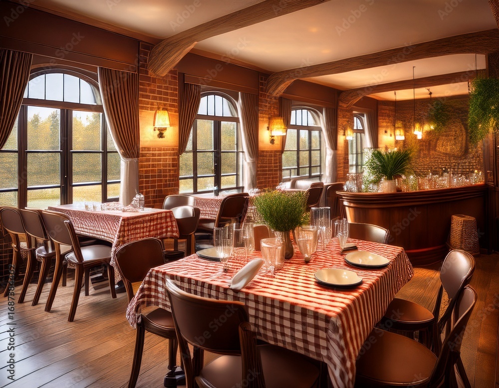 Fototapeta premium cozy restaurant dining room boasts checkered tablecloths and warm lighting inviting guests to enjoy a meal