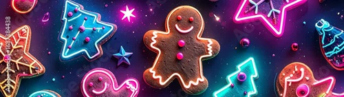 Festive gingerbread cookies with vibrant neon decorations create modern christmas scene.