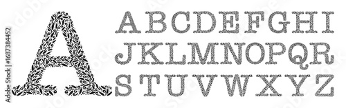 Decorate ornamental alphabet. Vintage hand drawn monogram letters. Capital Letters with leaves, plants and flowers. Lettering isolated on white