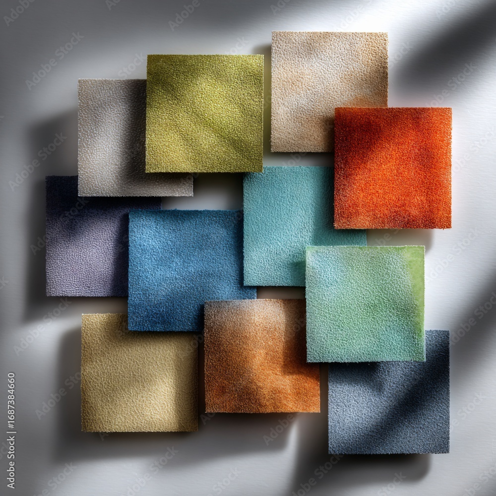 Fototapeta premium An assortment of colorful fabric samples arranged in a visually appealing manner, showcasing a variety of textures and hues, creating a captivating and artistic composition