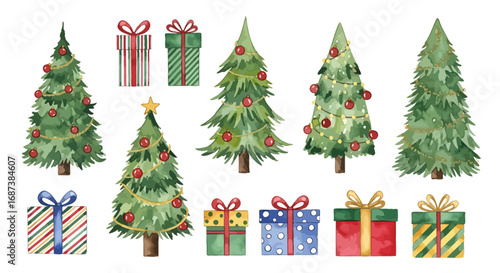 Festive Christmas trees and gifts, beautifully arranged for holiday cheer.