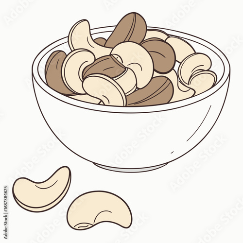 A minimalist line art illustration of a bowl filled with mixed nuts like cashews and Brazil nuts, representing a healthy vegan snack