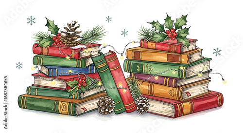 Stacked books adorned with festive holiday decorations.