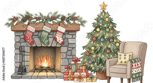 Cozy Christmas Scene by Fireplace.