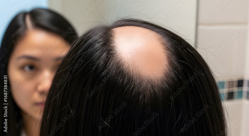Obraz premium Hair Loss Concern A Close-Up of Thinning Hair and Scalp Visibility