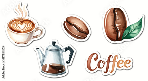 An assortment of coffee-themed illustrations on a crisp backdrop.