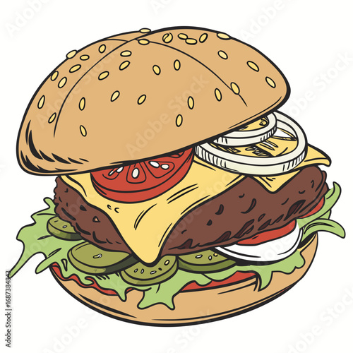 Detailed hand-drawn sketch of a classic American cheeseburger with lettuce, tomato, onion, and melted cheese on a sesame seed bun