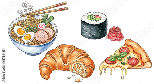 A collection of diverse and delectable dishes: Ramen, Sushi, Croissant, and Pizza.