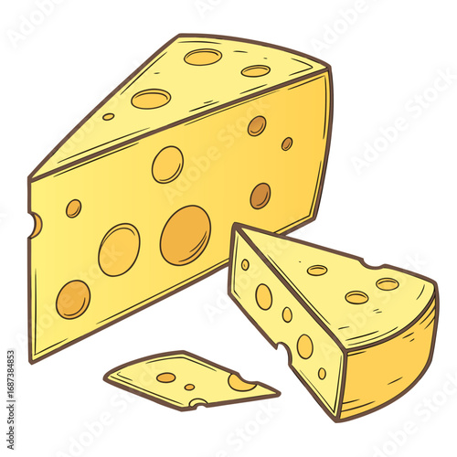 A hand-drawn vector illustration of various Swiss cheese wedges and a slice, isolated on a white background. Cartoon-style dairy food icon