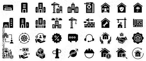 Diverse Icons Representing Real Estate, Construction, and Business Concepts