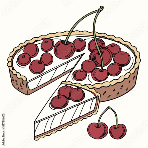 A delightful cartoon illustration of a fresh cherry pie with a single slice ready to serve and topped with whole fruits