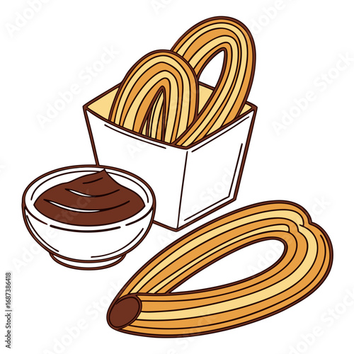 Sweet indulgence concept featuring a classic dessert of churros and hot chocolate sauce for dipping on a white background
