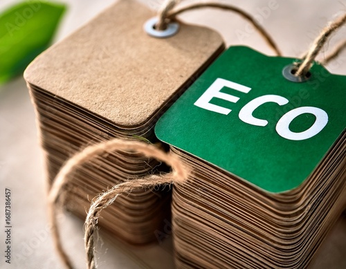 Wallpaper Mural close up of a stack of paper tags with the word eco printed on them emphasizing sustainability and eco friendliness Torontodigital.ca