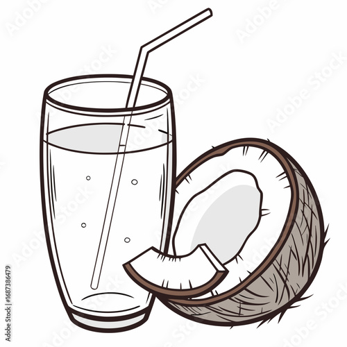 Hand-drawn illustration of a healthy tropical coconut drink, a perfect hydrating beverage for a summer diet