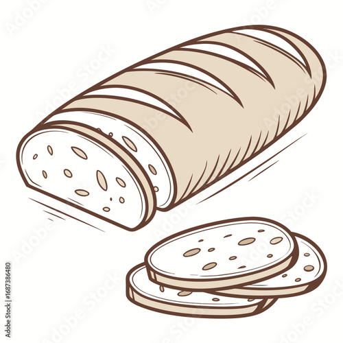 Hand-drawn sketch of a freshly baked loaf of bread with several slices cut and arranged in the foreground. Vector illustration of crusty white bread for bakery or food concepts