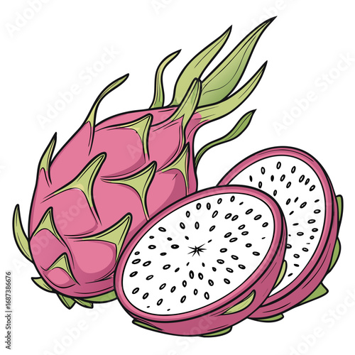 Vibrant illustration of a whole and sliced dragon fruit, showcasing the exotic pitaya's pink skin and white seeded flesh on a clean background