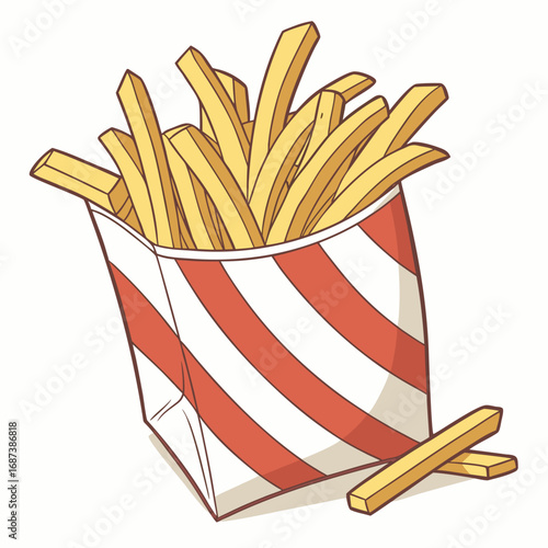 A delightful cartoon illustration of crispy golden french fries served in a classic red and white striped paper box