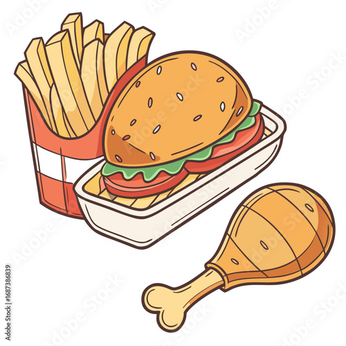 Hand-drawn doodle of a satisfying junk food meal featuring a classic hamburger, crispy fries, and a roasted chicken drumstick