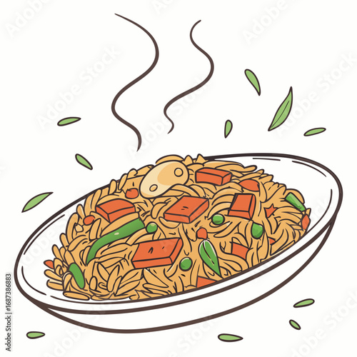 Hand-drawn illustration of a steaming hot bowl of savory Asian noodles or fried rice with mixed vegetables and herbs