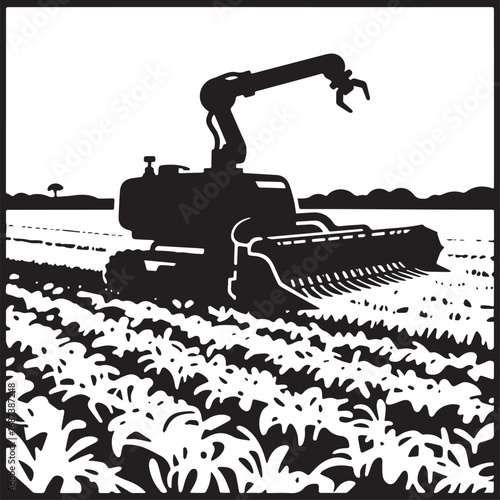 A black and white illustration of an autonomous robotic vehicle with an articulated arm harvesting crops in a field.
