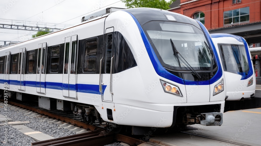 Naklejka premium Modern train at a busy station platform, passengers waiting for departure in a vibrant urban setting during daytime