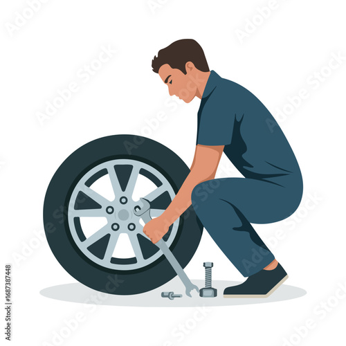Mechanic changing tire in the repair shop