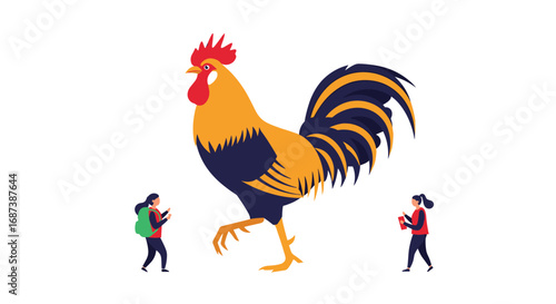 Two women observe a giant rooster, perfect for illustrating surreal or humorous concepts and farm themes
